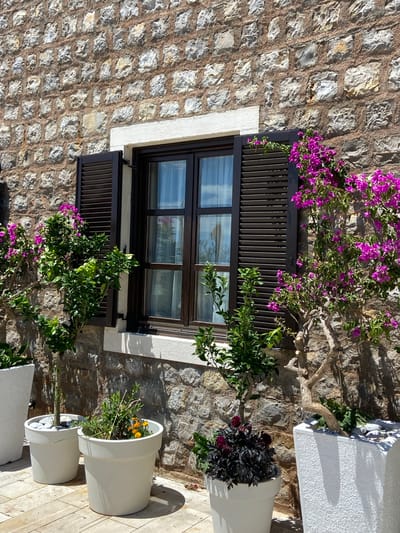 The image depicts a close-up view of a stone wall with a window and several potted plants in the city of Petrovac centar, Montenegro. The stone wall is constructed of rough-hewn, irregularly shaped grey stones with visible mortar. A white-trimmed window with dark brown shutters is centrally located. The shutters are partially open, revealing sheer white curtains inside. To the left and right of the window, vibrant pink bougainvillea flowers cascade down the wall, intertwined with the branches of small trees. In the foreground, three white planters are arranged on a paved surface. The left planter contains a small tree and white stones. The middle planter holds a green plant with small orange flowers. The rightmost planter contains a dark-leafed plant with deep red flowers. The scene suggests an outdoor setting, possibly a courtyard or a facade of a building, bathed in sunlight, casting distinct shadows on the pavement.