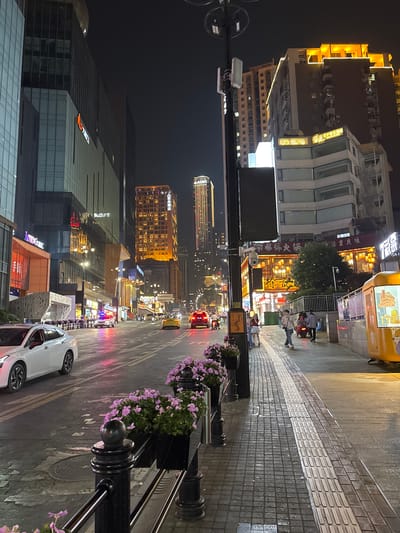 The image captures a nighttime scene in Yuzhong District, China, showcasing a vibrant street illuminated by artificial lighting. The street stretches into the distance, lined with tall buildings with lit windows. A pedestrian walkway, defined by a textured surface and flower planters, runs along the right side. People are seen walking along the walkway, engaged in various activities. Cars drive on the road, their headlights and taillights reflecting on the wet asphalt. Signs and billboards, written in Chinese characters, add to the urban ambiance. The scene suggests a busy commercial or entertainment district in Yuzhong.