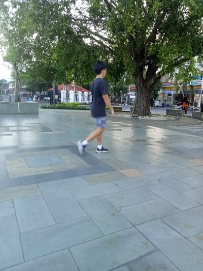A young man wearing a dark t-shirt and shorts walks across a paved plaza in Pati, Indonesia, at the coordinates -6.752 latitude and 111.04 longitude.  The man is walking away from the camera. The plaza is bordered by a low concrete wall, and in the background, there are trees, buildings, and other people. The man is wearing white socks and black sneakers. The pavement is made of gray and beige tiles. The ground is covered with some small, brown leaves.  There is a large tree in the background, behind the man, to the right of the image. The tree has a thick trunk and many branches. It provides shade for the plaza.