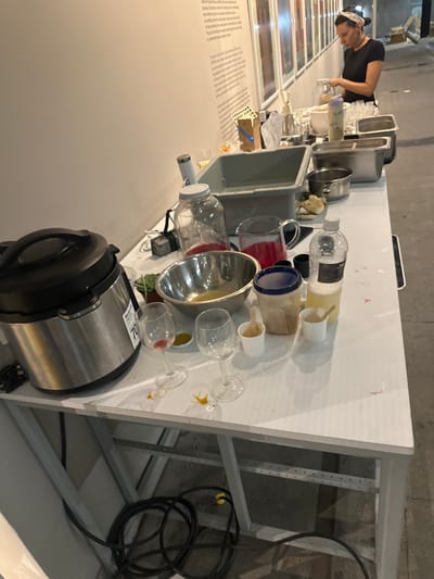 This image captures an indoor scene, likely an exhibition or event space in Mexico City, featuring a white utility counter laden with various items.
In the upper left, a person, appearing to be a woman with dark hair tied back with a bandana and wearing a dark t-shirt, leans over the counter, seemingly engaged in preparing or handling liquids. She is positioned behind several metal containers, one appearing to be a large pot or sink.
The counter itself is cluttered with numerous objects, suggesting a beverage or food preparation station. These include multiple plastic bottles, some containing clear liquid (possibly water) and others a yellowish liquid. There are also various plastic cups, some empty, some with stirrers, and some containing liquid residues. Several wine glasses, some with reddish or yellowish liquid remnants, are scattered across the counter. A large metal bowl or pot, along with other smaller containers, are also visible. Towards the foreground on the counter, a stainless steel and black appliance, possibly a multi-cooker or blender, is present, with a label that partially reads "Multi-cooker" and "7L." A small green potted plant adds a touch of nature amidst the functional items.
The background features a white wall with framed objects or art pieces, and a large block of printed text, likely explanatory information typical of an exhibition. The flooring appears to be concrete or a similar industrial material. Beneath the counter, a large black coiled cable rests on the floor, connecting to unseen equipment. The overall impression is that of a participatory display or a serving area at an art event or gathering.