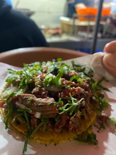 A person holds a taco filled with braised meat, onions, and cilantro. The taco is served on a yellow corn tortilla atop a white paper liner. In the blurred background, there's an outdoor cooking setup with a reflective surface. The person's hand is partially visible, suggesting they are about to eat the taco.