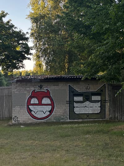 The image depicts an outdoor scene featuring two distinct graffiti art pieces on a brick wall. The graffiti includes stylized letters or symbols. The first, located higher on the wall, is predominantly dark green and white, with a rectangular shape enclosing a symbol that resembles the letter "B" or an abstract design. It has sharp angles and geometric elements. Below this, a second graffiti piece is rendered in red and white. This symbol is circular with devil-like horns and a wide, grinning mouth with sharp teeth, also resembling an abstract letter or character.
The wall itself appears to be part of a building or structure made of light-colored bricks, with some sections showing wear or age. Above the wall, dense green foliage from trees is visible, suggesting a natural environment. The lighting indicates it's daytime, with sunlight filtering through the leaves, casting dappled shadows. The ground to the right of the wall is covered in green grass, with some scattered small white flowers. The overall setting appears somewhat rustic or overgrown, possibly in a park, backyard, or abandoned area. The orientation of the image is sideways, requiring rotation for proper viewing. There are some minor tags or signatures in black spray paint at the bottom right of the brick wall. The location context provided is Liepaja, Latvia.