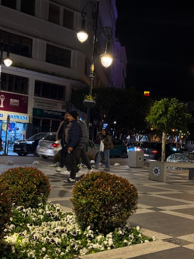 The image depicts a night scene on a paved urban street in the city of Tanger, Morocco. The foreground features two large, round ornamental bushes with green and reddish-brown foliage, surrounded by a bed of white pansies with dark purple centers, all illuminated by artificial light. The pavement is composed of light and dark grey rectangular and square tiles.
In the midground, several individuals are present. Three males are walking from right to left, with one man wearing a black beanie and dark puffer jacket in the foreground, and another with a beard in a tan jacket alongside him. A female is walking from left to right, carrying a light-colored, patterned bag, wearing a dark jacket and blue jeans. Behind the pedestrians, a street accommodates vehicular traffic. A black SUV with Moroccan license plate "GT4657 HW" is visible on the left, and a silver sedan appears to be in motion behind the walking males. Further down the street to the right, a teal-colored vehicle is visible, along with other cars. Ornate black streetlights with glowing warm yellow lamps are prominent, with one centrally located and another partially visible on the far left. Light grey hemispherical bollards are integrated into the pedestrian area. Concrete planters adorned with blue and white geometric tile patterns and a concrete bench with a similar patterned surface are also visible. A small, bright green-leafed tree stands on the right midground.
The background consists of multi-story buildings. On the left, commercial establishments are identifiable, including "O BASWANI," a "PARAPHARMACIE MATÉRIEL MÉDICAL," and a "PHARMACIE." A banner above "O BASWANI" reads "CAF AFRICA CUP OF NATIONS MOROCCO 2025." The buildings feature windows, some with visible shutters. The sky is dark, indicative of nighttime. A distinctive red and yellow triangular logo is visible against the dark sky in the upper right quadrant. Trees with dense, dark foliage line the street in the distance.