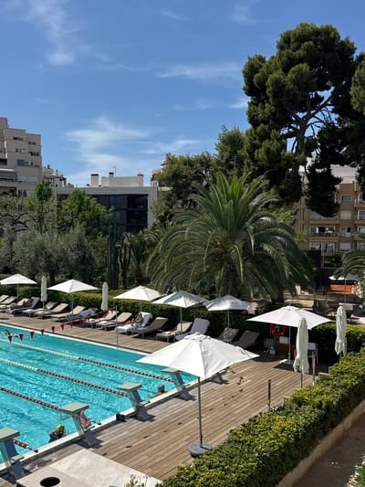 This is a high-angle, eye-level, medium shot of a swimming pool area at a resort, possibly in Palma, Spain. The pool is a vibrant blue, with visible lanes marked by red and white stripes. There are several diving blocks with swimmers present. The deck surrounding the pool is made of light brown wood and is furnished with numerous lounge chairs, many of which are occupied by people sunbathing or relaxing. White umbrellas provide shade over some of the lounge chairs. Lush green bushes line the perimeter of the deck, and several palm trees and other trees are visible in the background, along with multi-story buildings. The sky is clear blue with a few wispy white clouds. The overall scene depicts a sunny day at a well-maintained pool facility.
