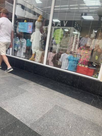The image shows a storefront display in Poltava, Ukraine. The display features a variety of clothing items on mannequins and hangers, as well as a large stuffed goose costume. A man wearing a white t-shirt and shorts walks past the storefront on a paved sidewalk. The storefront is made of glass and reflects the surrounding environment. Signs in Cyrillic are visible in the display, indicating prices and product information. The overall scene depicts a typical street view of a retail establishment in a Ukrainian city.