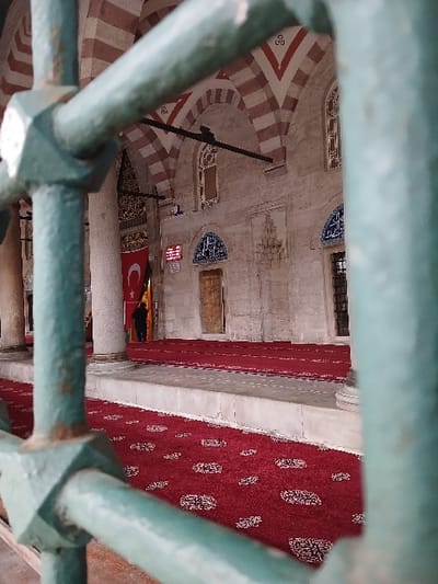 The image, taken from inside the Süleymaniye Mosque in İstanbul, Türkiye, (latitude: 41.027, longitude: 28.98), shows a view through a metal gate of the mosque's interior. The gate is constructed of thick, dark green metal bars that intersect at right angles. Through the bars, a red patterned rug stretches from the viewer's position towards a doorway in the back. The doorway has a small, arched window above it. The walls are a pale off-white, adorned with red and white striped arches, with a section of the wall that is gray with inscribed Arabic script. A lone figure, obscured by the metal bars, appears to be walking towards the doorway. The floor is tiled in white marble with an old, worn texture. The scene is illuminated by natural light streaming through the window.
