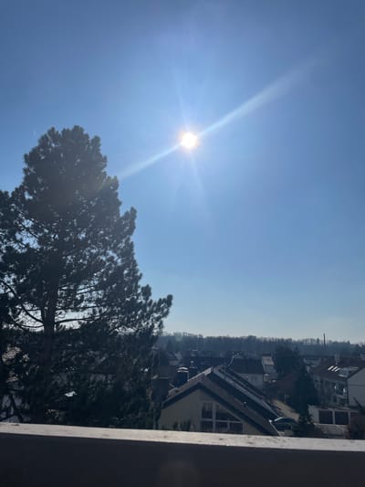 The image displays an elevated, wide-angle view of a residential area in Senden, Germany, under a clear, bright blue sky with direct sunlight. The sun is prominently positioned in the upper center-right, emitting a strong lens flare.
In the immediate foreground, a dark, flat, horizontal surface, likely a railing or wall, partially obstructs the lower portion of the scene. To the left midground, a large, dark green coniferous tree, appearing to be a pine, stands tall, its dense foliage silhouetted against the bright sky and extending vertically from the lower left to the upper left quadrant.
Below the tree and extending across the midground to the right are numerous residential buildings, predominantly two to three stories, featuring diverse sloped roofs, several of which are equipped with solar panels. Structures are densely packed, with varying architectural styles. A paved street or road is visible traversing the area between buildings, and one light-colored passenger vehicle is partially discernible on this road.
The background presents a distant, low-lying horizon line defined by a dense strip of bare deciduous trees, indicating a forested area or parkland. Above this tree line on the far right, a slender, dark, vertical industrial chimney or tower is faintly visible against the sky. No individuals or specific actions are observed within the frame. The overall environment suggests an urban periphery transitioning to natural landscape under clear, sunny atmospheric conditions.