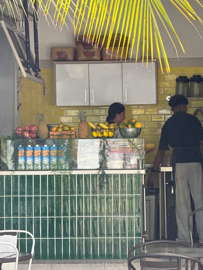 In Denpasar, Indonesia, a juice bar is depicted from an eye-level perspective. The scene is dominated by a counter displaying an assortment of fresh fruits, including apples, pineapples, oranges, and bananas. Behind the counter, two individuals are visible: a woman with dark hair pulled back in a ponytail, facing left and looking towards the fruit display, and a man in a black t-shirt and light-colored pants, seen from the back as he appears to be working at the counter. A stainless steel sink and faucet are partially visible in the background, as are shelves with containers and woven baskets. The counter itself is decorated with hanging greenery, and the wall behind it is tiled in a pale yellow. In front of the counter, a green tiled wall with white grout lines forms a decorative partition. Two chairs, one white metal and one black metal, are positioned in the foreground, suggesting an outdoor seating area. Palm fronds hang from the top of the frame, casting shadows and adding a tropical ambiance. The overall impression is one of a vibrant and bustling beverage establishment.