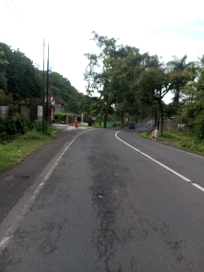 The scene depicts a curving asphalt road in Domphoog_Dungkarchhoeling, Bhutan, viewed under an overcast sky. The road surface exhibits extensive cracking and multiple potholes. A solid white line demarcates the right edge of the primary lane visible, with a faint, broken white line further to the right. A dirt and grass shoulder borders the road on the left.
On the left side, two dark, vertical utility poles rise from the shoulder. Behind these, several structures with light-colored walls and reddish roofs are partially visible, set amidst dense green vegetation. A large, tree-covered hill forms the dominant background feature on this side. A single individual, dressed in a solid red or pink garment, stands on the left shoulder, oriented towards the road.
On the right side of the road, a dense line of mature green trees is present, with sections of a stone wall discernible behind the foliage. Further along the road, a dark-colored sedan travels away from the viewer, followed by another smaller, indistinct vehicle. Closer to the foreground on the right shoulder, two individuals are present; one wears light-colored attire and is positioned near a small, ambiguous object.
No overt interactions or specific actions are clearly distinguishable among the individuals. The environment is characterized by natural vegetation and infrastructure consistent with a semi-urban or rural roadway.