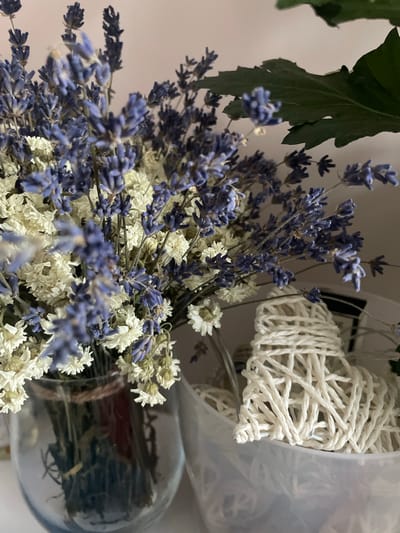 The image shows a close-up view of dried lavender and white flowers in a glass vase. To the right of the vase, a white braided heart decoration is visible in a clear plastic container. The background is a plain, light-colored wall. The scene is indoors, and no specific location in Brovary, Ukraine is identifiable from the visual information provided. There are no people or actions depicted in the image.