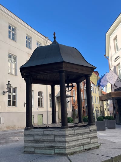 The image depicts a wellhead in the town square of Tallinn, Estonia. The wellhead is constructed of stone and wood and is topped by a dark, octagonal roof. The surrounding buildings are tall and narrow, painted in various pastel colors. Several flags are visible, including the flag of Estonia. The sky is clear and blue. The scene appears to be a sunny day with no people present.