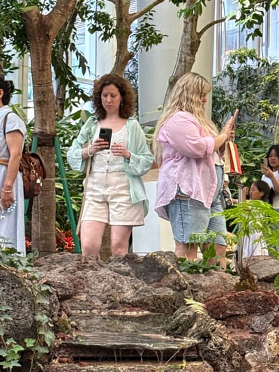 The image shows an indoor scene with several people in a garden-like setting. In the foreground, a woman with curly brown hair is looking at a smartphone, wearing a light green shirt and khaki shorts. Behind her is a woman with long blonde hair holding a book, wearing a pink shirt and denim shorts. Other people are visible in the background, including two individuals sitting and using phones. A waterfall feature with rocks and greenery is on the right side of the frame. Trees and various plants fill the scene. A brown bag is placed near a woman wearing a white dress. It is not possible to confirm the specific location in Liangjiang, China from the image.