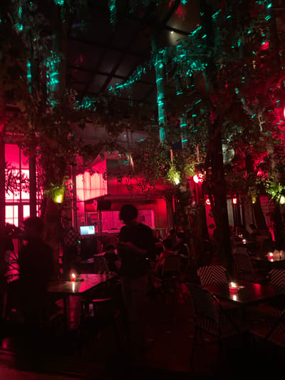 The image displays a dimly lit indoor or covered outdoor restaurant or lounge area, located in Bandung City, Indonesia. The scene is characterized by a prominent jungle or garden theme, featuring numerous trees and dense foliage throughout the space, illuminated by contrasting artificial lights.
Predominant lighting consists of red and teal-cyan hues. Intense red light emanates from large window-like structures on the left side of the frame and from several spherical red lanterns suspended at various heights. Teal-cyan light strips are wrapped around the trunks of multiple trees and integrated into the overhead foliage, creating a luminescent glow. Additional smaller green and yellow lights are interspersed within the greenery. Small, flickering candles provide warm, localized illumination on individual tables.
The environment includes a dark ceiling with visible structural elements and a large, rectangular, wall-mounted light panel emitting white light, situated on the mid-left. Numerous patrons are present, mostly seated at dark, rectangular tables equipped with small candles. Their figures are largely silhouetted against the ambient lighting. In the mid-ground, a person in dark attire stands, focused on a mobile device in their hands. To their left, another individual wearing a checkered shirt stands near a setup that includes a monitor displaying a blue interface, possibly associated with a DJ or sound system. The chairs feature a distinctive black and white chevron or zigzag pattern on their backs. Decorative red and yellow lanterns are suspended among the trees and foliage.