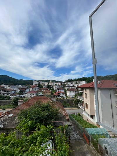 The image depicts a scenic view of the city of Zlatograd, Bulgaria, from a slightly elevated vantage point. The foreground features lush green foliage, including what appears to be grapevines, with some of the leaves obscuring a white vehicle partially visible in the lower right portion of the frame. Adjacent to this is a rooftop with red tiles, and further into the scene, a paved walkway with stone tiles. A fence runs along the edge of the property, bordering a garden area that contains what looks like a small greenhouse covered with green netting, and rows of green plants.
Beyond this immediate area, the city unfolds with a mix of residential buildings. Several structures have characteristic red-tiled roofs, while others are modern, multi-story apartment buildings with lighter facades. The buildings are nestled on a hillside, with dense green trees covering the upper slopes of the surrounding mountains. A road with some parked cars can be seen winding through the city.
The sky above is a striking feature, filled with dynamic, wispy white clouds against a bright blue backdrop, suggesting a partly cloudy day. On the far right of the image, a portion of a white window frame and mosquito net is visible, indicating that the photograph was taken from inside a building looking outwards. The overall impression is one of a tranquil urban landscape integrated with the natural beauty of the Bulgarian countryside. There are no people visible in the image.