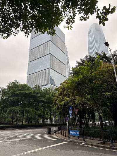 The image depicts a street scene in Haizhu District, China, dominated by modern architecture and lush greenery. In the background, two sleek, glass-covered skyscrapers rise into a cloudy sky. The building on the left has a tiered design with horizontal bands of windows and vertical white accents. The building on the right is taller and has a more curved, streamlined appearance.
In the foreground, a wide, wet asphalt road features a prominent white crosswalk. A black trash bin and a broom are visible near the curb on the right side of the road. A dark metal fence lines the sidewalk, behind which is a strip of green bushes and trees. Several traffic signs are posted along the sidewalk, including a blue pedestrian crossing sign with a disabled access symbol, a red and white triangular yield sign with Chinese characters, and a circular red and white sign.
The middle ground is filled with dense green trees, some of which overhang the road, casting shadows and creating a canopy effect. The leaves are a vibrant green, suggesting a humid or rainy climate. The sky is overcast, giving the scene a soft, diffused light. There are no visible people or vehicles in the immediate foreground. The overall impression is one of urban development intertwined with nature, characteristic of many modern Asian cities.