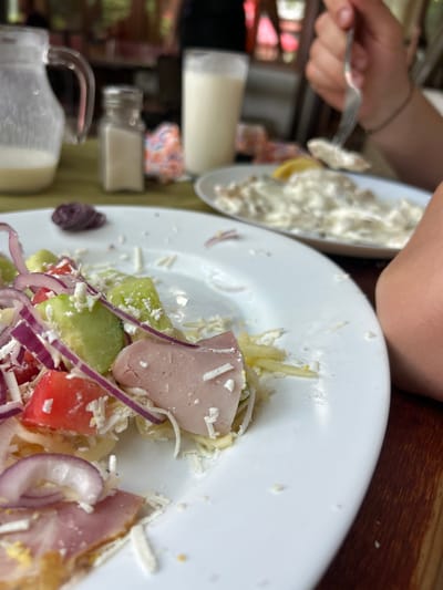 The image shows a close-up of a salad on a white plate. The salad contains chopped tomatoes, cucumber, red onion, and shredded cheese, with slices of ham visible. In the background, out of focus, is a table setting with a glass pitcher of a light-colored liquid, a salt shaker, and a glass of milk. Another plate with a creamy dish and a fork held by a person's hand is also visible. The scene appears to be indoors, likely at a restaurant or home, with a wooden table surface. The location is identified as Brestnik, Bulgaria, suggesting a meal being served in this region.