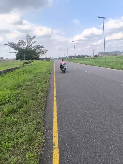The image captures a daytime scene on a paved road in Obiaruku, Nigeria. A man is riding a motorcycle along the road, moving away from the camera. He is wearing a light pink shirt and has a blue bag hanging from the front of his motorcycle.

The road itself is made of asphalt, with a clear yellow solid line marking its left edge and a white dashed line further along, defining a lane. Lush, green grassy verges flank both sides of the road. The left verge features a low stone or concrete border and several trees, including one prominent tree with a wide, somewhat flat canopy. Modern streetlights, tall with rectangular fixtures, are spaced along the road extending into the distance. In the background on the right, multi-story buildings with light green roofs can be seen. The sky is a light blue, dotted with scattered white clouds, indicating clear weather. There is no visible text in the image.