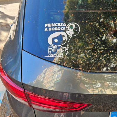 An outdoor, eye-level, medium shot captures the rear of a dark gray car in Zaragoza, Spain. The car's rear window displays a white sticker with the text "PRINCESA A BORDO!" above a cartoon drawing of a young girl holding a balloon. The girl is depicted with a round head, simple facial features, and wearing a backpack. The balloon has a circular outline with a design resembling the Death Star from Star Wars. The car's window is dirty, with small debris scattered across its surface. Reflections of trees, buildings, and other environmental elements are visible in the window and on the car's body. The car is parked outdoors, with a paved surface and some foliage visible in the background. The overall lighting suggests a sunny day.