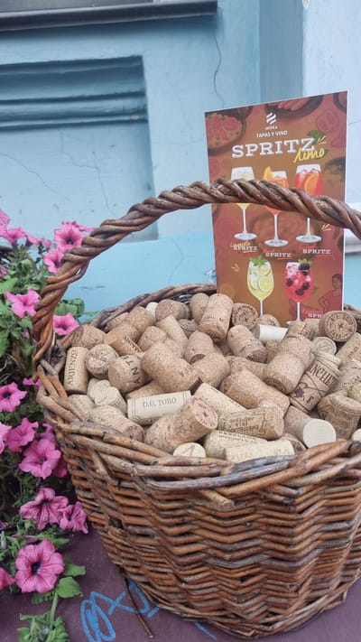 This media file features a close-up view of a woven basket filled with wine corks. The basket is positioned near a bright blue wall, with some pink flowers and greenery in the foreground, suggesting an outdoor setting. The lighting implies it's daytime.
A postcard or menu is tucked into the basket, displaying colorful illustrations of cocktails labeled "SPRITZ" and "LIMONCELLO". Text on the postcard includes "MOKA TAPAS Y VINO". Some of the wine corks themselves are also visible with text, such as "D.O. TORO", "ARIENZO", and "ANCHET". The overall impression is one of a rustic, possibly European, setting, perhaps a bar or restaurant with a wine-focused theme. The presence of the flowers and the inviting drinks on the postcard evoke a cheerful and relaxed atmosphere.