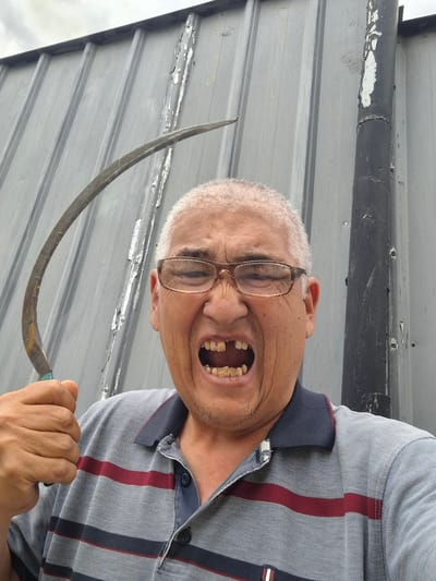 An adult male wearing glasses and a striped polo shirt holds a sickle in his left hand and yells at the camera in an outdoor, urban setting, with a corrugated metal wall and a black pipe in the background. The man has short, gray hair and a distressed expression. The sickle is curved and has a serrated edge. The corrugated metal wall appears weathered and somewhat dilapidated, with peeling paint in some areas. A black pipe, also showing signs of wear and tear with peeling paint, runs vertically in the right side of the frame. The sky is visible at the top of the image and appears overcast. The overall impression is of a candid, possibly confrontational, moment captured in a gritty, industrial or utility area.