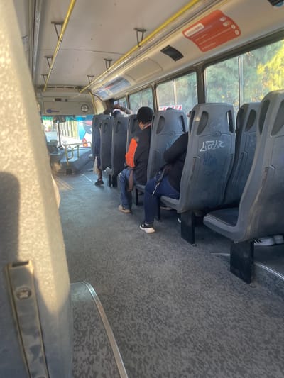 The image displays the interior of a public transit bus in San Carlos de Bariloche, Argentina, viewed from a rear-left position looking towards the front. Sunlight enters from the right, illuminating the bus's interior.

The bus features dark gray, hard plastic seats arranged in rows, some bearing white graffiti markings such as "ASHA" and "2727." The floor is covered with a light gray speckled material. Yellow handrails run along the ceiling and are supported by vertical poles. Through the windows on the right, dense green foliage is visible.

Multiple passengers occupy the bus. In the left foreground, a blurry light-colored seat or object is present. Further forward, a person dressed in dark clothing stands near the driver's compartment, holding a support. Three individuals are seated with their backs to the camera in the right row: one wearing a dark jacket, another in an orange and black jacket with a dark bag on their left shoulder, and a third in a dark blue jacket and blue jeans, wearing white sneakers. A red information sticker displaying Spanish text, including "INFORMACIÓN A BORDO," is affixed above the windows on the right. The driver's area is partially visible in the front, revealing a steering wheel, dashboard, and a colorful graphic through the windshield.
