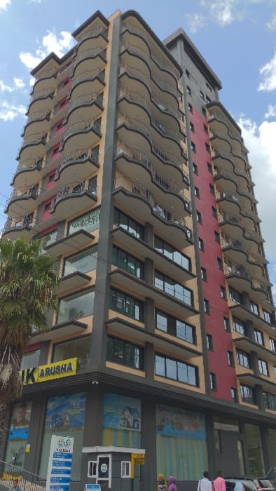 The image displays a modern, multi-story building in Arusha, Tanzania, captured from a low-angle perspective looking upwards. The structure features at least twelve floors and a rooftop addition. Its facade is primarily light beige with dark gray vertical and horizontal accents. A prominent red vertical section runs along the building's right side. Most floors are equipped with distinctive curvilinear balconies featuring dark gray railings.

The ground floor houses commercial establishments with large glass display windows showcasing advertisements, including one for a car and another depicting a house. A prominent yellow sign above these windows reads "FIBANK ARUSHA." Below this, a blue sign with white text further specifies "FIBANK Arusha, Tanzania," along with banking service details. A small, dark gray security booth is positioned on the sidewalk near the building's entrance.

On the left side of the frame, a portion of a palm tree is visible. Several individuals are present on the sidewalk in front of the building; one person is wearing a purple head covering. A light-colored vehicle is partially visible on the far right. The sky overhead is blue with scattered white clouds, indicating daytime conditions.
