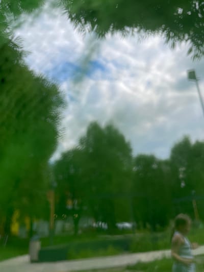 The image depicts an outdoor scene with lush green foliage in the foreground and background, suggesting a park or natural area. The sky above is partly cloudy with patches of blue visible. In the mid-ground, several trees are discernible, their forms softened by the focus. To the right of the image, a young girl in a light-colored tank top is visible, facing away from the camera and towards the right. She appears to be standing in a grassy area. Further in the background, a light pole with a fixture at the top is present, and there are other indistinct objects and structures. On the left side of the mid-ground, a trash receptacle is partially visible. The overall impression is that of a casual outdoor setting on a day with a mix of sun and clouds.