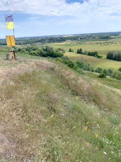 This media file depicts a scenic view from a hilltop overlooking a vast, green valley in Ustyvytsia, Ukraine. The foreground is dominated by tall, dry grasses interspersed with small white and yellow wildflowers, creating a textured carpet under a bright, partly cloudy sky. A yellow directional signpost and two flags, one grey and one yellow, are prominently placed on the left side of the frame. Below them, a wooden picnic table is visible, suggesting a place for rest and contemplation.
In the middle ground, a winding path carves its way down the grassy slope, leading towards a cluster of trees that mark the transition to the valley floor. The valley itself is a patchwork of green fields and scattered trees, with a line of houses or a small village visible in the distance, nestled amongst the greenery. The overall impression is one of a peaceful, rural landscape bathed in the light of a clear day, likely late morning or early afternoon given the bright sunlight. The weather appears fair, with the clouds adding visual interest to the expansive blue sky. The scene evokes a sense of tranquility and the beauty of the Ukrainian countryside. No visible text is present in the image.