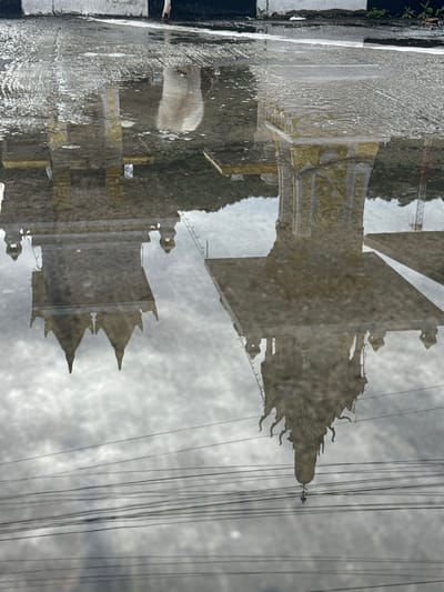 The image, captured in Karon, Thailand, shows a reflection in a puddle on a wet asphalt road. The reflection is of a shrine or temple structure with ornate golden details and tiered roofs. The structure's reflection is upside down, with the sky visible above it. In the actual scene, the top portion of the image shows the road with a white line and some vegetation. There's a blurry image of what appears to be the legs of a person and a light-colored animal, possibly a dog, standing on the road. Power lines are visible in the reflected sky area, appearing as horizontal lines. The overall scene depicts a post-rain environment with reflections playing a prominent role in the composition.