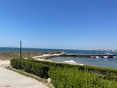 The image depicts a scenic view of a harbor or marina on a clear, sunny day. The foreground features a paved walkway bordered by a meticulously trimmed green hedge. Beyond the hedge, the scene opens to a beach with light sand, leading to the tranquil, blue sea.

In the middle ground, a pier extends into the water, providing access to several boats. Some boats are docked, while others are moored in the calm sea. A few individuals can be seen on the pier and near the boats, suggesting a leisurely day at the harbor. A white canopy structure is visible on the shore, possibly for shade or a temporary shelter.

Further out in the sea, the distant coastline is dotted with buildings, indicating a town or resort area. The horizon is clear, with a bright blue sky dominating the upper portion of the image. Flags, including the Bulgarian flag, are flying from the pier, adding a touch of national identity to the scene. The overall atmosphere is one of peacefulness and vacation. The time of day appears to be late morning or early afternoon, given the bright sunlight and clear skies. The location is Nesebar, Bulgaria, a coastal town known for its historic old town and beautiful beaches.