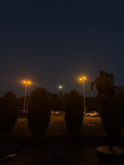 The image portrays a tranquil nighttime scene in San Andrés Cholula, Mexico, under a dark blue-black sky. A prominent, bright moon hangs in the upper center of the frame, serving as a natural light source alongside artificial streetlights.
In the midground, a striking dark silhouette of a statue depicts a horse and rider, possibly a knight or warrior, in a dynamic, rearing pose. A distinct sun-like emblem is visible on the horse's side. Two tall streetlights, positioned below the statue and moon, emit a strong, warm yellow-orange light, creating significant light flares and casting illumination on parts of the ground.
Below the streetlights and extending across the foreground are several dark, rounded bushes, mostly in silhouette. To the right of the scene, a parking area is visible with several parked vehicles, including a light-colored SUV or van. The far right foreground shows a textured ground surface, possibly patterned paving or cobblestones. No people are visible, contributing to the quiet and serene ambiance of the night. There is no visible text.
