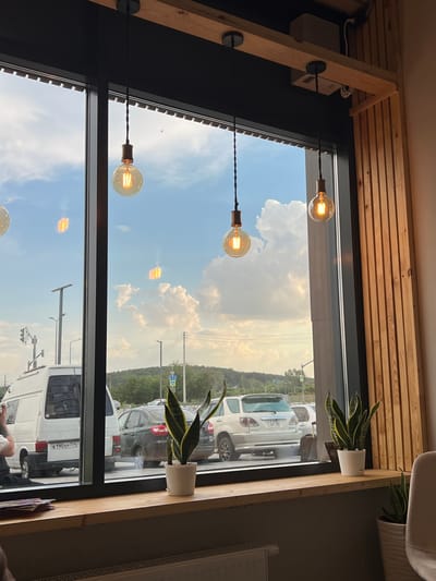 The image depicts an interior view through a large window, likely from a cafe or restaurant, looking out onto a street scene in Yekaterinburg, Russia. Three vintage-style Edison light bulbs hang from the ceiling, casting a warm glow. The window offers a view of parked cars, including a white van with a Russian license plate ending in "774" and a white SUV. Outside, a traffic light and street signs are visible, along with trees and a slightly overcast sky with cumulus clouds. On the interior windowsill, several snake plants in white pots are positioned. A stack of magazines rests on the left side of the windowsill. The overall aesthetic suggests a modern, cozy interior design with a focus on natural light and ambient lighting from the hanging bulbs.