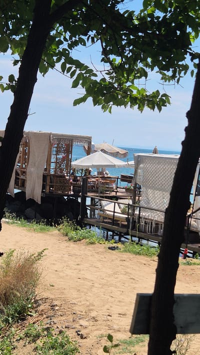The image depicts a beachfront scene in Ravda, Bulgaria, characterized by a rustic, bohemian-style beach bar or restaurant situated on a wooden pier over the water. The foreground is a sandy beach with sparse vegetation, including dry grasses and small green plants. Two dark tree trunks frame the view from the left and right, with their leaves casting shadows over the scene and obscuring parts of the sky.
The pier features several covered seating areas and tables. On the left, a white-draped cabana with intricate wooden lattice work is visible. To its right, a white umbrella provides shade over a table where two individuals are seated. Further to the right, another white tent-like structure is present. In the background, the turquoise sea stretches to the horizon under a clear blue sky. The water appears calm, with a few distant boats visible. The overall atmosphere suggests a relaxed, outdoor dining or lounge experience by the sea.