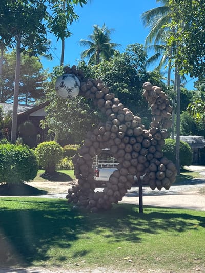 In Choeng Mon, Thailand, a sculpted archway made of coconuts is displayed outdoors. A soccer ball is positioned at the top of the arch. The sculpture is situated on a green lawn in front of a road, with trees and buildings in the background. The sky is clear and blue.