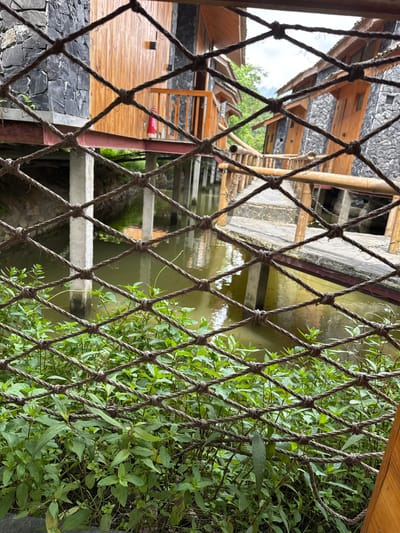 The image displays a tranquil outdoor scene viewed through a prominent rope net in the foreground, which forms a dense, diamond-patterned lattice across the entire frame. The net, made of thick, knotted ropes, acts as a barrier or decorative element, adding a rustic texture to the foreground.

Beyond the net, the scene is split, showcasing both man-made structures and natural elements. To the left, various rustic wooden structures are visible, including parts of buildings, possibly bungalows or traditional huts. These feature sloped wooden roofs, exposed wooden beams, and planks, along with sections of grey stone walls or foundations. A wooden deck or floor is also discernible, and in one area, a small red fire extinguisher can be faintly seen, indicating a maintained facility.

To the right, a body of calm, green-tinged water, likely a canal, pond, or slow-moving stream, occupies a significant portion of the view. Along its banks and extending into the background, lush green foliage and plants grow densely, creating a vibrant natural border. Bamboo poles are also integrated into the structural elements visible in the background.

The scene appears to be set during the daytime, under soft, diffused lighting conditions, possibly overcast or shaded, as there are no harsh shadows. No people are present, and no specific activities are taking place, contributing to a peaceful and serene atmosphere. The combination of natural water and greenery with the rustic wooden and stone architecture suggests a natural retreat or traditional village setting, aligning with the provided context of Du Già Commune, Vietnam. There is no visible text in the image.
