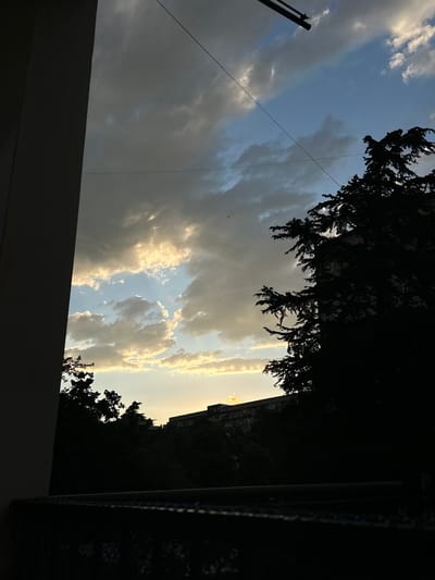 The image captures a view from a balcony in Tbilisi, Georgia, looking out at a cloudy sky transitioning into evening. A dark, silhouetted building is visible in the background, its windows faintly illuminated. Dense trees in the foreground and midground are also silhouetted against the sky, with branches obscuring parts of the building and sky. A railing is visible along the bottom edge of the image. Overhead, thin wires are strung across the sky. The clouds are a mix of dark grey and lighter, illuminated patches, suggesting the last light of the sun breaking through. The overall impression is of a city scene at dusk.