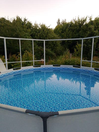 The image shows an above-ground swimming pool with a blue mosaic-patterned liner, situated outdoors in what appears to be a rural or suburban setting. A white metal railing encloses the pool area. Beyond the railing, a dense line of green trees forms a natural backdrop, with a pale, overcast sky above. The scene is static, with no people or visible activity. The location is identified as Savino, Russia.