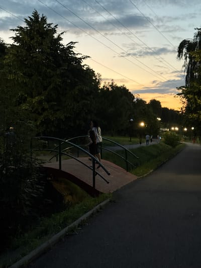 In the city of Vladikavkaz, Russia, at dusk, a paved pathway curves through a park lined with trees. Two individuals, one adult and one child, are walking across a small, arched bridge with a green metal railing. The bridge spans a dark, vegetation-filled area. The sky is cloudy with a warm orange glow from the setting sun. Several lampposts are visible along the pathway, some illuminated. In the distance, more trees and greenery are present, suggesting a park or natural area within the city.