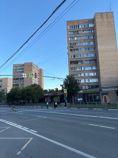 The image captures a street scene in Mytishchi, Russia, under a clear blue sky. In the background, two tall, multi-story brick apartment buildings dominate the skyline. The building on the right is taller and appears to be constructed from lighter colored brick, with numerous windows and a vertical section of darker brick. The building on the left is slightly shorter and made of darker brick, also featuring many windows.

In the middle ground, a street runs horizontally across the image, with a pedestrian crossing marked by white lines. Several people are visible: a child on a green bicycle rides on the street to the left of the crossing, and to the right, three individuals are walking across the pedestrian crossing. A traffic light with red and yellow signals is positioned above the crossing. Trees line the sidewalk in front of the apartment buildings, and several storefronts are visible at the base of the buildings, including signs for a "ВЕТКЛИНИКА" (Veterinary Clinic), a "СУПЕРМАРКЕТ НАПИТКОВ" (Beverage Supermarket), and "ЧЁРНАЯ КОСТЬ М." (Black Bone M.). A "СТОП" (STOP) sign is also visible on a pole near the storefronts.

The foreground consists of the asphalt road with visible lane markings. Overhead, thick electrical wires stretch across the sky, obscuring parts of the view of the buildings and the sky. A sliver of the moon is faintly visible in the upper right quadrant of the sky. The overall scene suggests a typical urban environment on a bright day.
