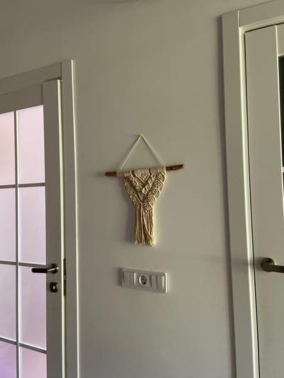 An interior shot shows a macrame wall hanging made of cream-colored string. It is suspended from a thin, brown twig attached to a white wall. The macrame piece is triangular in shape, with intricate knotting patterns in the upper section and fringe in the lower section. Below the macrame, a white double-gang light switch and an electrical socket are mounted on the wall. To the left of the macrame is a white door with glass panes divided by dark mullions. A silver door handle is visible on this door. To the right of the macrame is another white door frame, partially visible, with a silver door handle on the right-side door. The lighting suggests it might be daytime, with light casting shadows on the wall. The scene is likely an indoor hallway or room. The image does not provide any information about the city of Tyumen, Russia, or any specific geographical indicators.