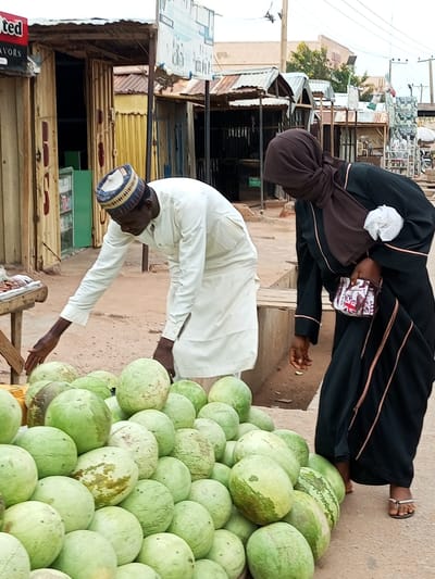 A man wearing a white robe and a patterned cap is reaching towards a pile of watermelons at a market stall in Gombe, Nigeria. A woman wearing a dark hijab and a black abaya is standing behind him, also looking at the watermelons. She is holding a small purse with a Union Jack pattern. The market appears to be outdoors, with stalls made of corrugated metal and wood. The ground is dusty, and other market stalls and buildings are visible in the background.