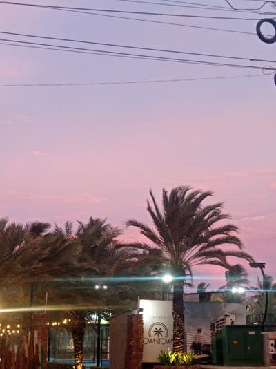 The image captures a twilight scene in Pampatar, Venezuela, dominated by a sky painted in soft hues of pink and purple. Several power lines stretch horizontally across the upper portion of the frame, with one circular object, possibly a tire, hanging from them on the right. Below the sky, the silhouettes of numerous palm trees are visible, their fronds rustling gently. In the foreground, a large banner displays the text "APROXIMADAMENTE" and "OWNTOWN RESIDENCIAL," accompanied by a logo featuring a palm tree within a circle. A green electrical box is situated to the right of the banner. The lighting suggests either sunrise or sunset, with some artificial lights illuminating the scene from below, casting a warm glow on the palm trees and the surrounding vegetation. The overall atmosphere is serene and hints at a tropical urban environment.