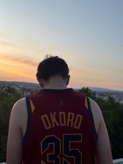 A person wearing a Cleveland Cavaliers jersey with "OKORO" and the number "35" on the back stands facing away from the camera. The scene is outdoors, with a city visible in the background along with lush vegetation. The sky is transitioning from blue to orange hues, suggestive of either sunrise or sunset. It is not possible to determine if this image was taken in Bragança, Portugal based on the content of this image.