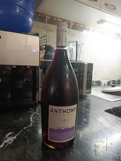 A bottle of "Anthony Vino Frizzante Mora" wine is prominently displayed on a dark, marble-patterned countertop. The wine bottle has a light-colored label with purple accents and text indicating "MORA," "BEBIDA ALCOHOLICA A BASE DE VINO," and "1500 ML 5%." The bottle is partially covered in condensation, suggesting it is chilled.

In the background, to the left of the wine bottle, a white water cooler with a large blue water jug on top is visible. The water cooler has illuminated buttons labeled "POWER," "FRIA" (cold), and "CALIENTE" (hot). To the right of the water cooler and behind the wine bottle, a microwave oven with a digital display and control panel is situated on a shelf. Various kitchen items, including glasses in a drying rack and containers, are also present in the background. The overall environment appears to be a kitchen or a similar domestic setting. The scene is consistent with being in a residential kitchen in Guayaquil, Ecuador.