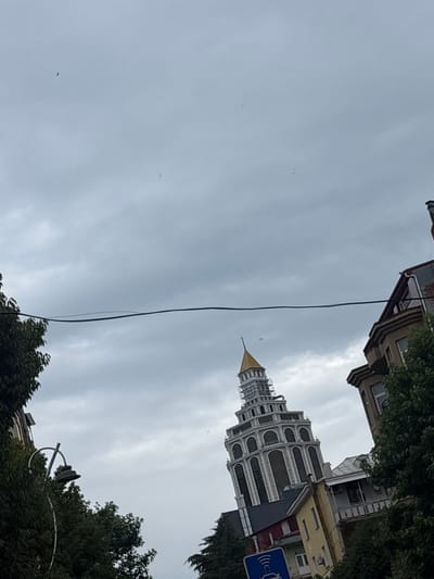 The image captures a low-angle view of a unique, multi-tiered tower in Batumi, Georgia, identified as the Alphabet Tower. The tower features a white, ornate facade with arched windows and is topped with a golden spire. It is surrounded by other buildings and lush green trees, suggesting an urban environment. The sky is overcast, with several small birds visible flying against the cloudy backdrop. A power line stretches across the upper portion of the frame, partially obscuring the sky and the upper sections of the buildings. The perspective is tilted, giving a dynamic feel to the scene.