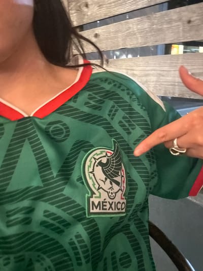 A close-up shot shows a person wearing a green and white Mexico soccer jersey. The jersey has a red trim around the collar and sleeves. The person's right hand is visible, pointing towards the national emblem on the jersey. The emblem is circular with a stylized eagle and serpent, and the word "MÉXICO" is printed below it. The background consists of wooden slats, suggesting an outdoor or rustic indoor setting. The image is taken from a mid-chest view, focusing on the upper body and the jersey.