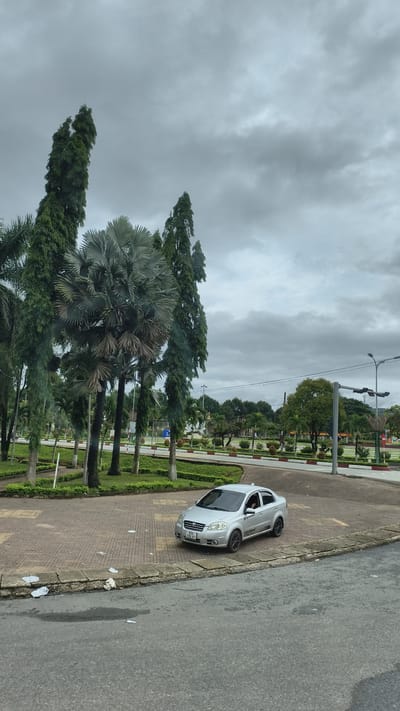 A silver sedan is parked on a paved area in Xã Đăk Tô, Vietnam, with a cloudy sky overhead. The car, a Chevrolet Aveo, has a license plate that reads "P2V 056.97". The car is positioned on a patterned brick surface with a concrete border. Scattered white paper debris is visible on the ground near the car and on the concrete border. Behind the car, a park area is visible with lush green grass, manicured bushes, and tall palm trees, including a large fan palm. A street with a red and white striped curb runs parallel to the park, and further in the background, more trees and some streetlights are present. The overall atmosphere is overcast and calm.