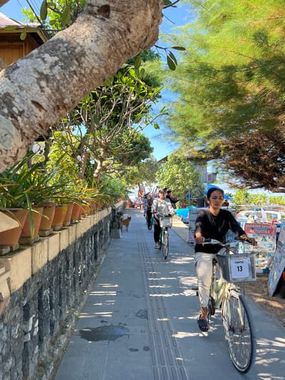 The image depicts a sunny day along a paved walkway lined with potted plants on the left and trees on the right, with a view of the ocean in the background. Several people are cycling on the walkway, suggesting a recreational area or a path near a beach.

In the foreground, a person wearing a black long-sleeved shirt and white pants is riding a light-colored bicycle. The bicycle has a basket in the front with a white sign displaying the number "13" and the word "YANTOL". The person is wearing dark sandals.

Behind the foreground cyclist, another person is riding a similar bicycle. Further down the path, two more individuals are cycling, and a dog can be seen on the walkway.

To the right of the walkway, there are several signs, including one that reads "MARINE SPORT ACTIVITIES". This indicates that the location offers water sports and recreational activities. The overall environment suggests a tropical tourist destination, likely a beachside promenade or a similar coastal area. The architecture visible in the background, with wooden structures and open-air elements, is consistent with many tourist areas in Southeast Asia.

While the specific location in Denpasar, Indonesia, cannot be definitively determined without more contextual information or landmarks, the scene is characteristic of the coastal regions often frequented by tourists in Bali, such as Kuta or Seminyak, which are part of the Denpasar metropolitan area and known for their beaches and associated activities. The presence of numerous potted plants, stone walls, and the general ambiance are consistent with such locations.