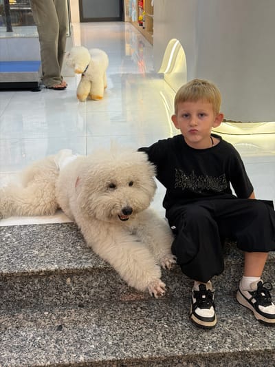 In Nha Trang, Vietnam, a young boy with blond hair and blue eyes sits on granite steps, puckering his lips. He is wearing a black t-shirt and black pants, with black and white sneakers on his feet. To his left, a white poodle-type dog lies down on the steps, wearing a white diaper. The dog has dark eyes and an open mouth, with its teeth visible. In the background, a person's legs, wearing khaki pants and sandals, are visible near a blue and silver platform. The environment appears to be indoors, with a polished white floor and modern, curved wall lighting.