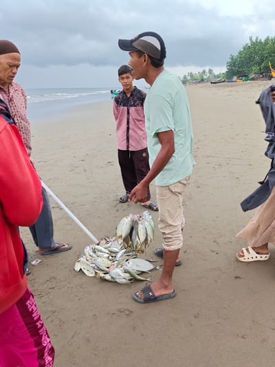 A group of people are gathered on a sandy beach in Curehtunong, Indonesia. The sky is overcast. In the foreground, a pile of freshly caught fish is displayed on the sand. A man wearing a light blue t-shirt and beige pants stands next to the fish, holding a string of smaller fish. To his left, a younger person in a pink and black patterned shirt and dark pants stands looking out towards the ocean. Further to the left, an older man wearing a brown skullcap and a patterned shirt is also looking towards the ocean. On the right side of the image, the lower half of another person's body is visible, wearing a long, beige, lacy skirt and white sandals. The ocean is visible in the background with a few small boats on the water. Trees and a few simple structures are visible along the coastline in the distance.